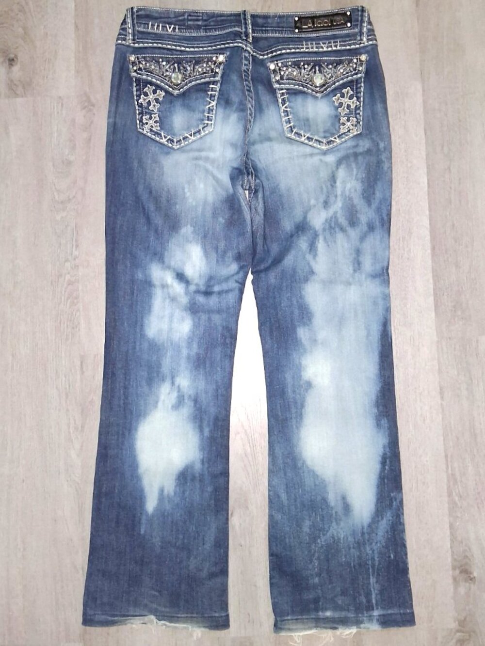 L.A. Idol Boot Cut Flared Jeans Size 13 W35 L34 Rhinestone Bling Distressed